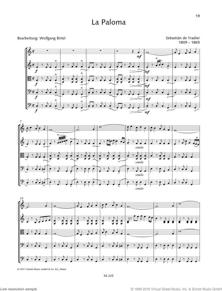 La Paloma sheet music (from "4 Tangos") for string quartet (with double