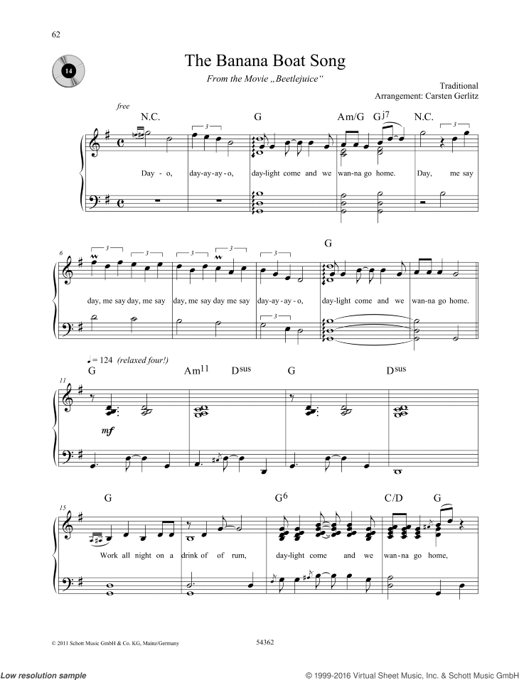 The Banana Boat Song sheet music for piano solo