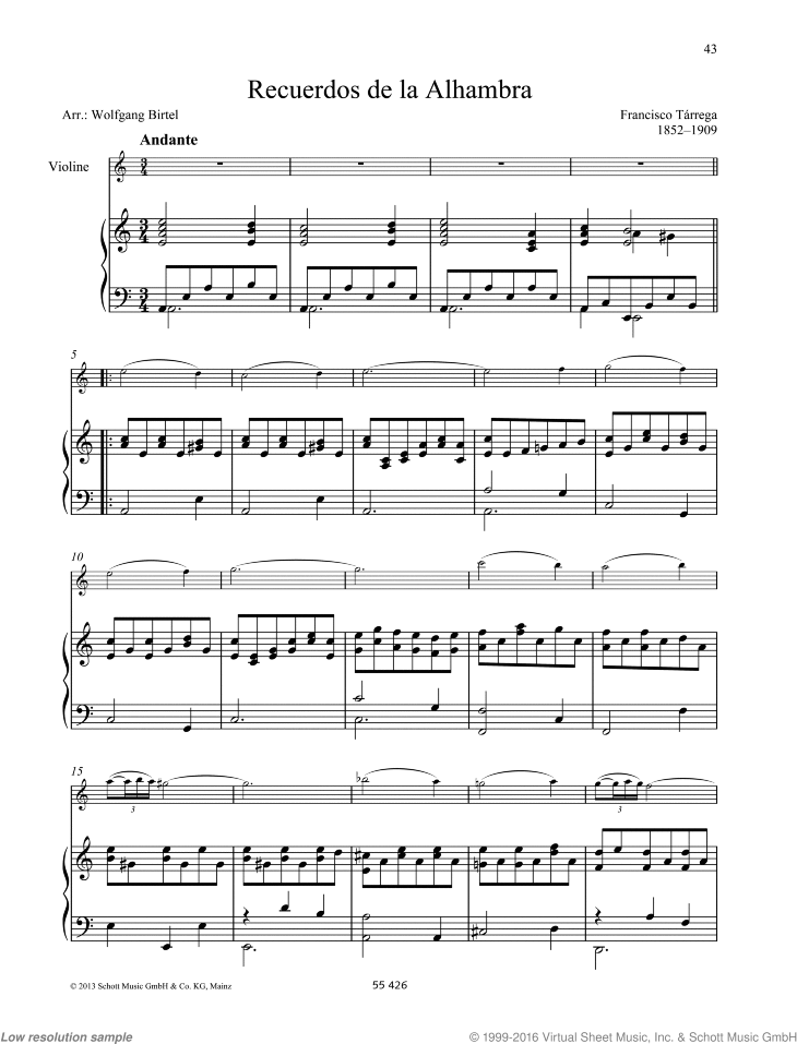 Tarrega Recuerdos De La Alhambra Sheet Music For Violin And Piano tarrega recuerdos de la alhambra sheet music for violin and piano