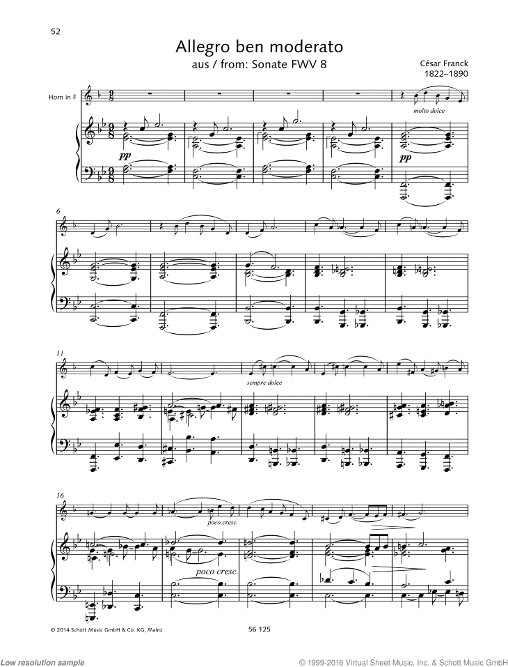 Franck: Allegro ben moderato, from Sonata, FWV 8 sheet music for horn ...