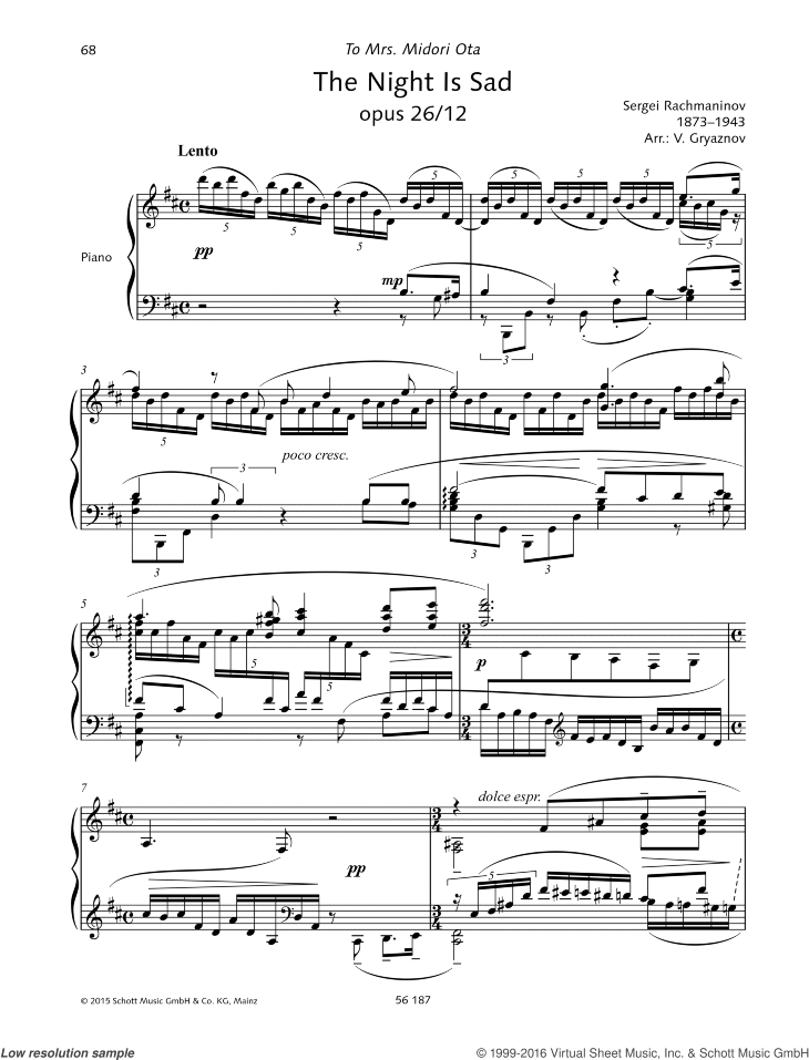 Rachmaninoff The Night Is Sad Sheet Music For Piano Solo