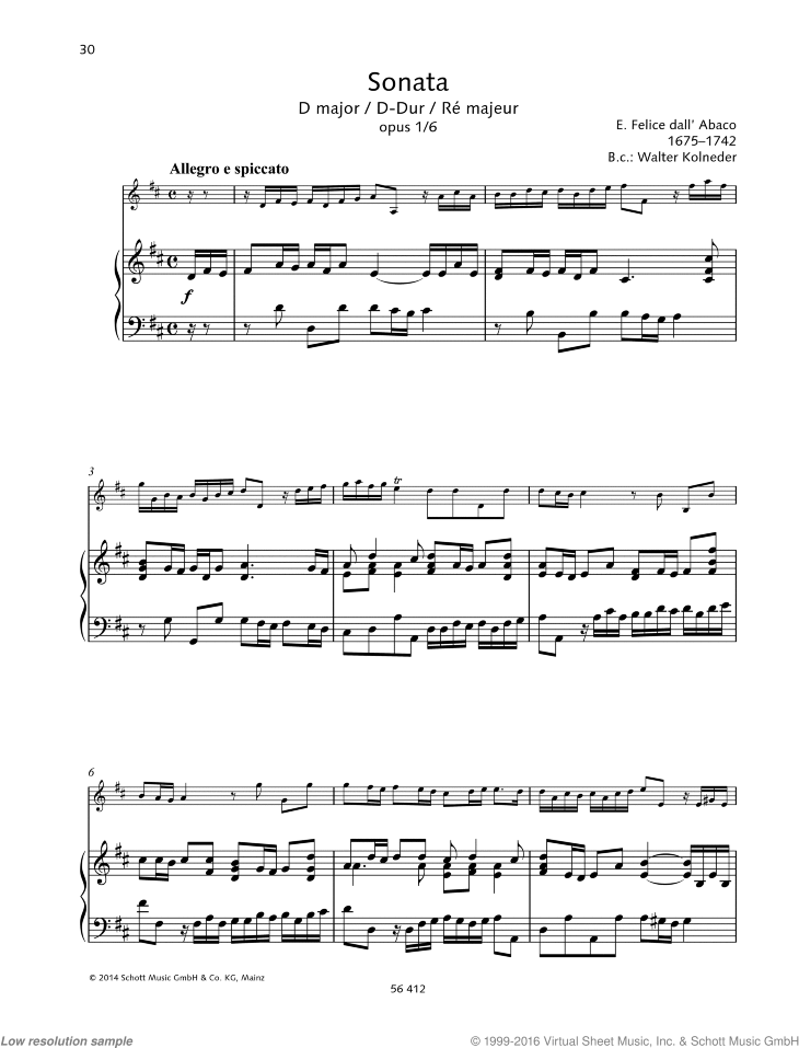 Dall Abaco Violin Sonata In D Major Sheet Music For Violin And Piano