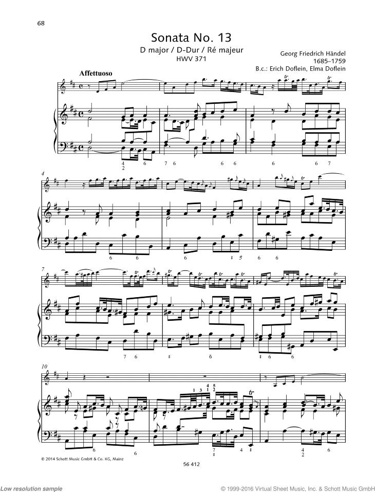 Handel Violin Sonata No 13 In D Major Sheet Music For Violin And Piano