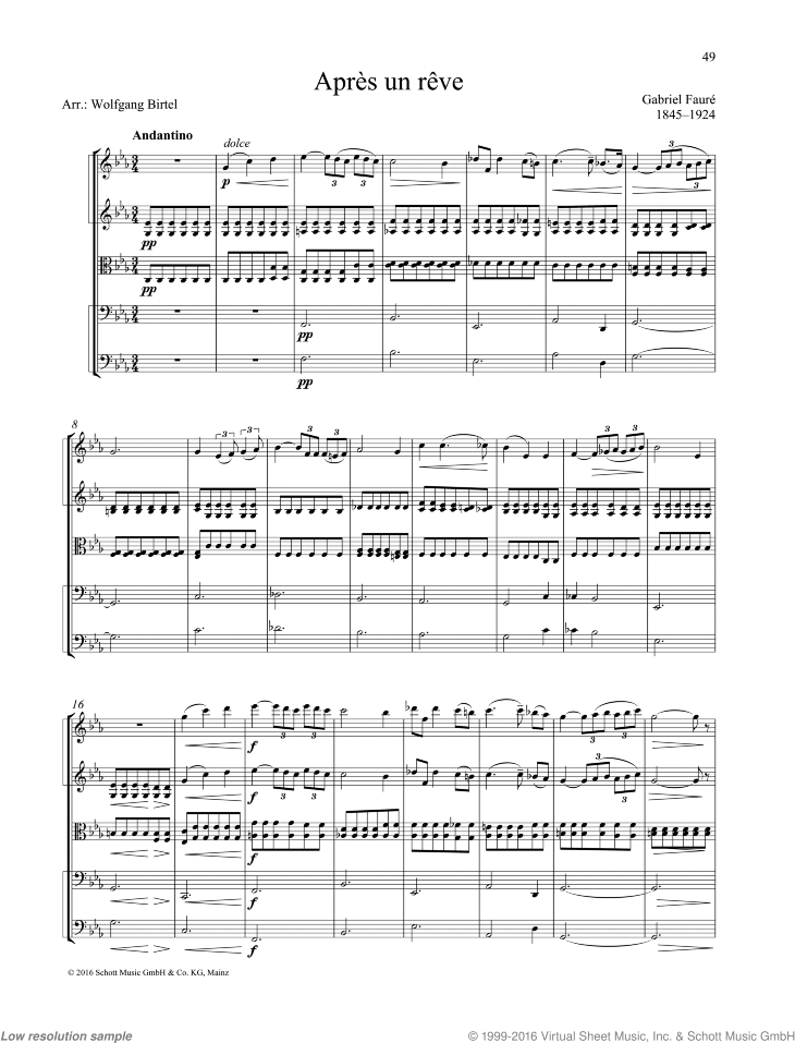 Vertrek naar temperen Voorzichtigheid Apres und reve sheet music for string quartet