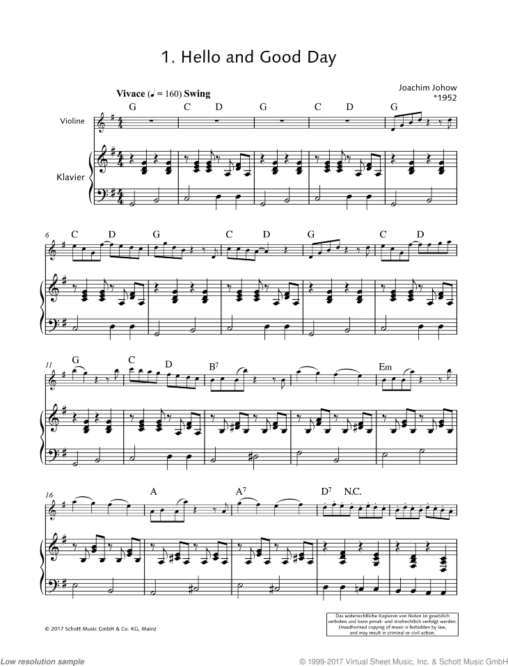 Johow Hello And Good Day Sheet Music For Violin And Piano