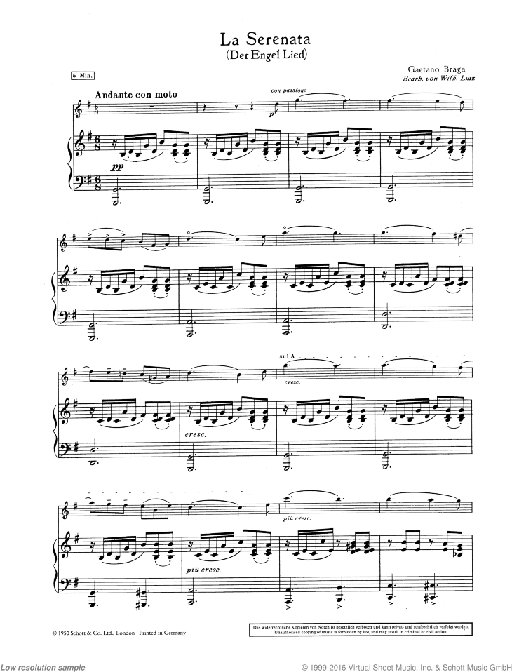 La Serenata in G major, Angel's Serenade sheet music for violin and piano