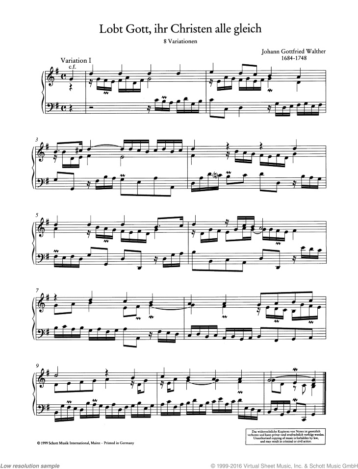 Walther - Lobt Gott, ihr Christen alle gleich, 8 variations sheet music for  organ (piano)
