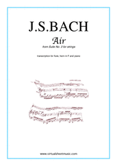 Cover icon of Air from Suite No.3 (on the G string) sheet music for flute, horn and piano by Johann Sebastian Bach, classical score, intermediate skill level
