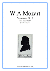 Cover icon of Concerto No. 5 in A major K219 sheet music for violin and piano by Wolfgang Amadeus Mozart, classical score, intermediate/advanced skill level