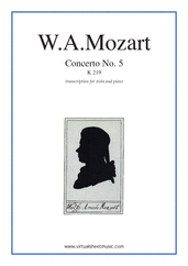 Cover icon of Concerto No. 5 in A major K219 sheet music for viola and piano by Wolfgang Amadeus Mozart, classical score, intermediate/advanced skill level
