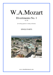 Cover icon of Divertimento No.1 K136 (parts) sheet music for string quartet or string orchestra by Wolfgang Amadeus Mozart, classical score, intermediate skill level