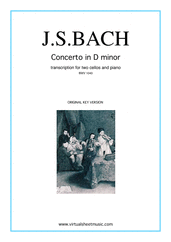 Cover icon of Concerto in D minor BWV 1043 (Double Concerto) original key sheet music for two cellos and piano by Johann Sebastian Bach, classical score, intermediate/advanced skill level