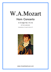 Cover icon of Concerto No.1 K412 (transposed in F major) sheet music for horn and piano by Wolfgang Amadeus Mozart, classical score, intermediate skill level