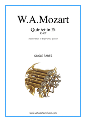 Cover icon of Quintet in Eb K407 (parts) sheet music for wind quintet by Wolfgang Amadeus Mozart, classical score, intermediate/advanced skill level