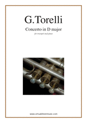 Cover icon of Concerto in D major sheet music for trumpet and piano by Giuseppe Torelli, classical score, advanced skill level