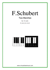 Cover icon of Two Marches Op.121 posth. sheet music for piano four hands by Franz Schubert, classical score, easy/intermediate skill level