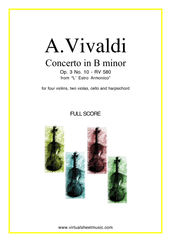 Cover icon of Concerto in B minor Op.3 No.10 RV 580 (COMPLETE) sheet music for four violins, strings and harpsichord by Antonio Vivaldi, classical score, intermediate/advanced skill level